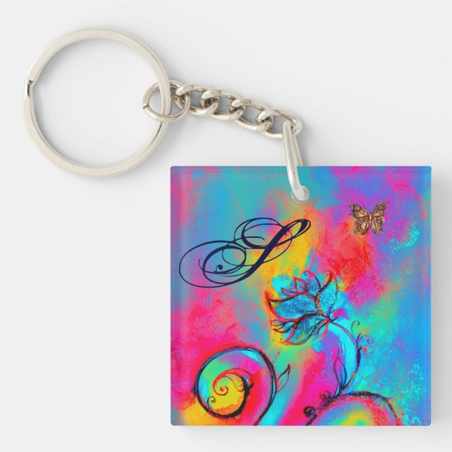 WHIMSICAL FLOWERS & BUTTERFLIES pink yellow blue Key Ring (Front)
