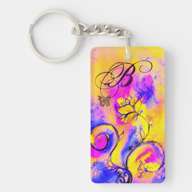 WHIMSICAL FLOWERS & BUTTERFLIES pink yellow blue Key Ring (Front)