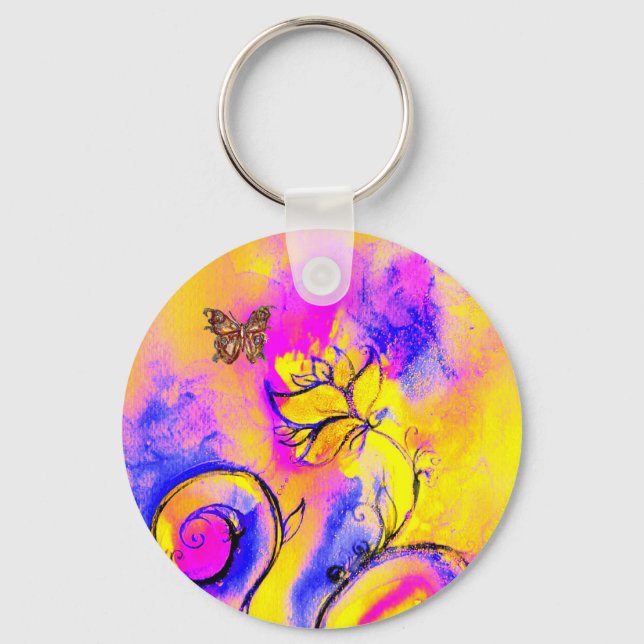 WHIMSICAL FLOWERS & BUTTERFLIES pink yellow blue Key Ring (Front)