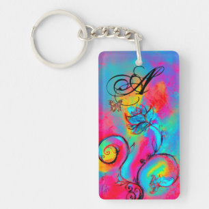 WHIMSICAL FLOWERS & BUTTERFLIES pink yellow blue Key Ring
