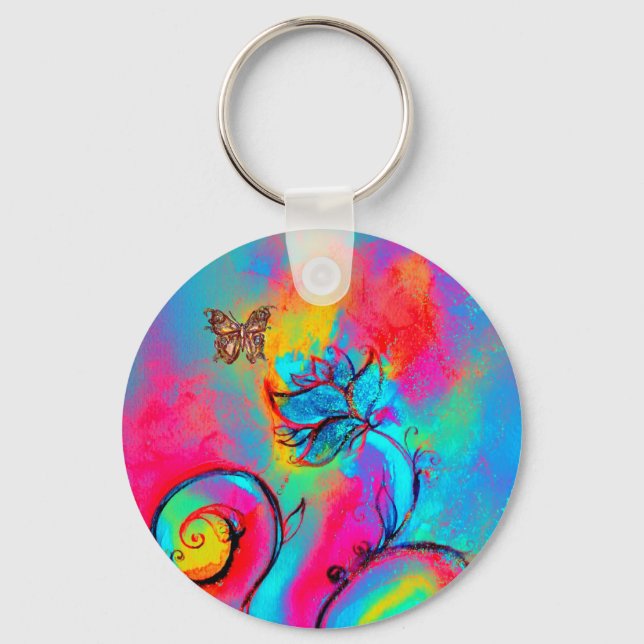 WHIMSICAL FLOWERS & BUTTERFLIES pink yellow blue Key Ring (Front)