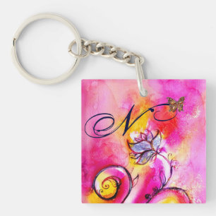 WHIMSICAL FLOWERS & BUTTERFLIES pink yellow blue Key Ring