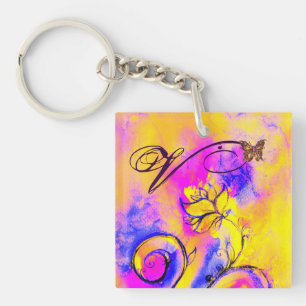 WHIMSICAL FLOWERS & BUTTERFLIES pink yellow blue Key Ring