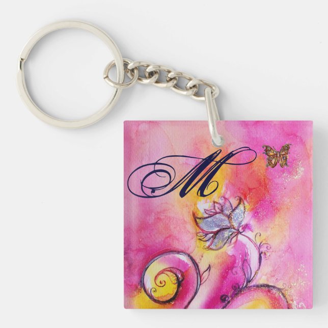 WHIMSICAL FLOWERS & BUTTERFLIES pink yellow blue Key Ring (Front)