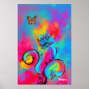 WHIMSICAL FLOWERS & BUTTERFLIES pink yellow blue Poster