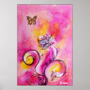 WHIMSICAL FLOWERS & BUTTERFLIES  pink yellow blue Poster