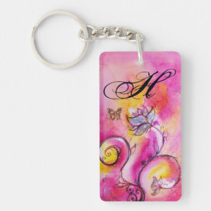 WHIMSICAL FLOWERS & BUTTERFLIES pink yellow purple Key Ring