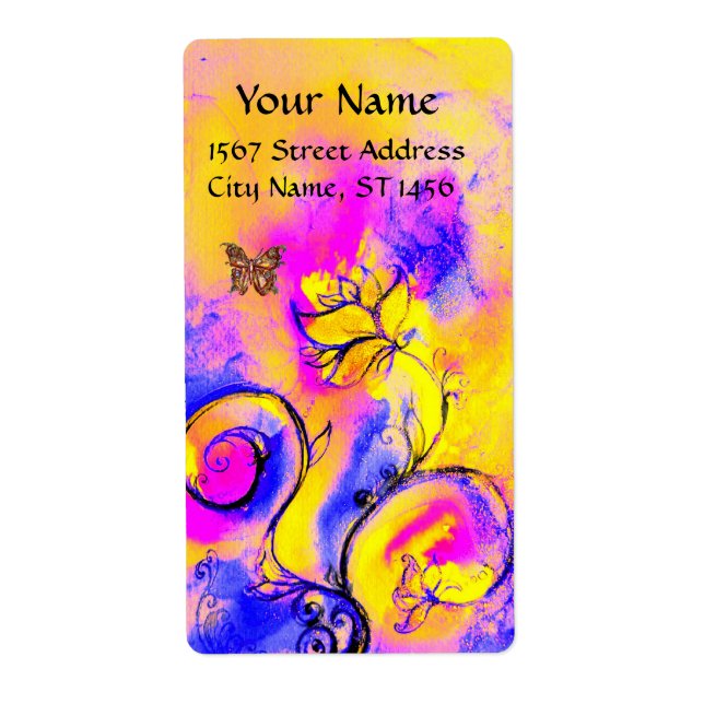 WHIMSICAL FLOWERS & BUTTERFLY blue pink yellow (Front)