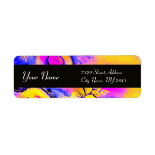 WHIMSICAL FLOWERS & BUTTERFLY blue pink yellow Return Address Label