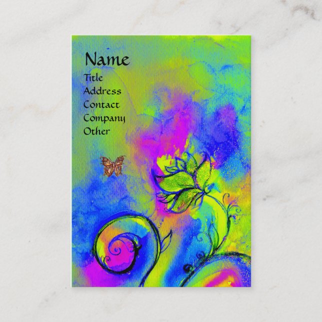 WHIMSICAL FLOWERS & BUTTERFLY green purple yellow Business Card (Front)