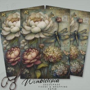 Whimsical Flowers & Dragonfly Ephemera Decoupage  Tissue Paper