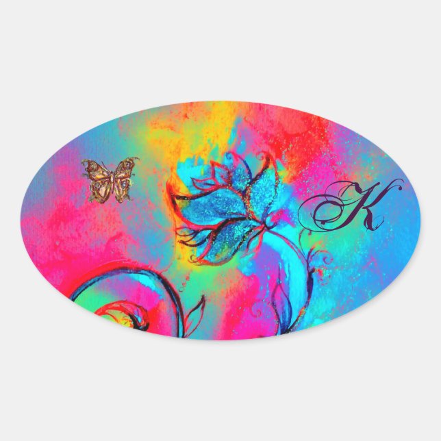 WHIMSICAL FLOWERS, GOLD BUTTERFLY OVALE  MONOGRAM OVAL STICKER (Front)