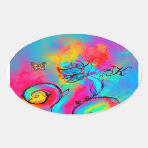 WHIMSICAL FLOWERS, GOLD BUTTERFLY OVALE  MONOGRAM OVAL STICKER