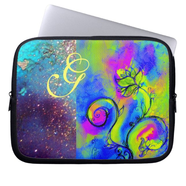 WHIMSICAL FLOWERS green yellow fuchsia,blue Laptop Sleeve (Front)