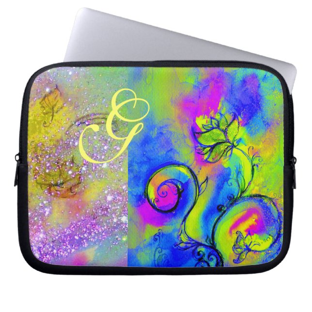 WHIMSICAL FLOWERS green yellow fuchsia,blue Laptop Sleeve (Front)