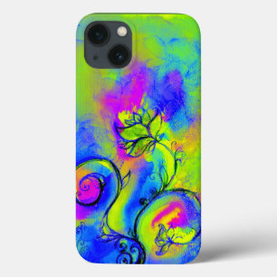 WHIMSICAL FLOWERS,Green Yellow Purple Floral Swirl iPhone 13 Case
