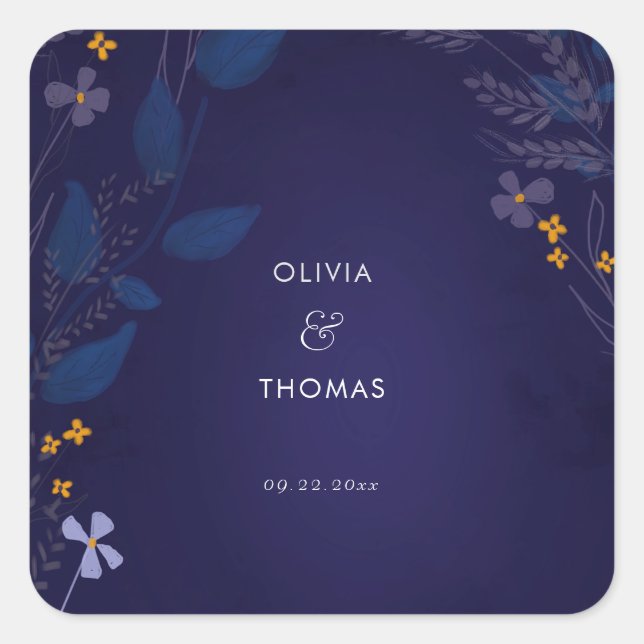 Whimsical Flowers Illustration Navy Garden Wedding Square Sticker (Front)