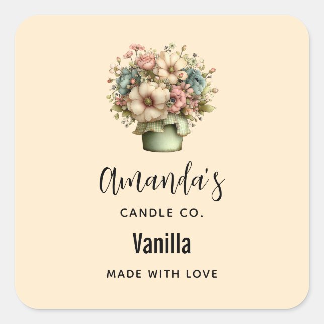 Whimsical Flowers in a Planter Pot Candle Business Square Sticker (Front)