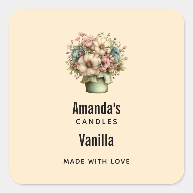 Whimsical Flowers in a Planter Pot Candle Business Square Sticker (Front)
