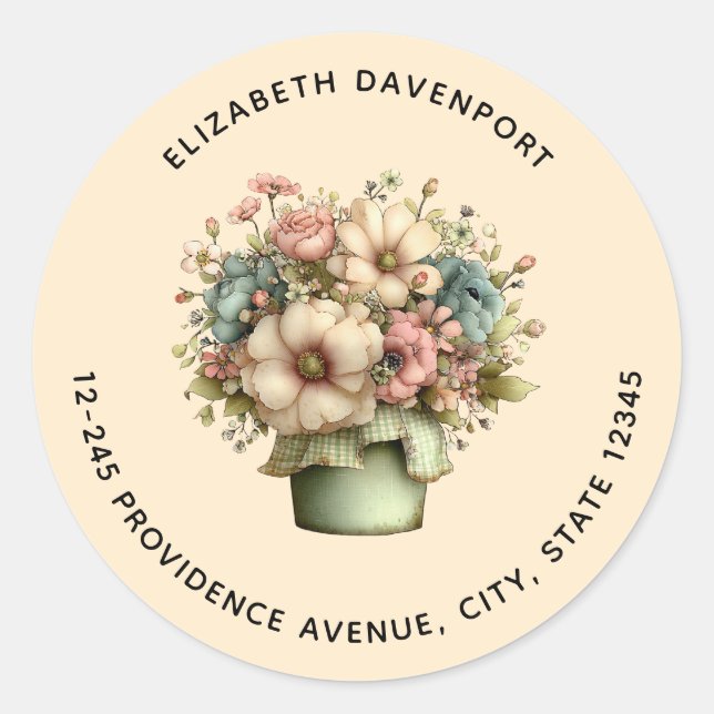 Whimsical Flowers in a Planter Pot Cute Address Classic Round Sticker (Front)