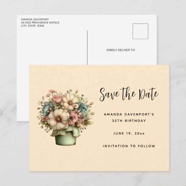 Whimsical Flowers in a Planter Pot Cute Announcement Postcard (Front/Back)