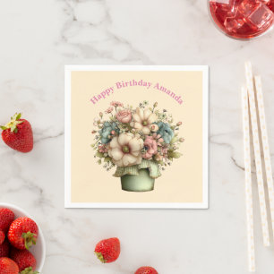 Whimsical Flowers in a Planter Pot Cute Birthday Napkin