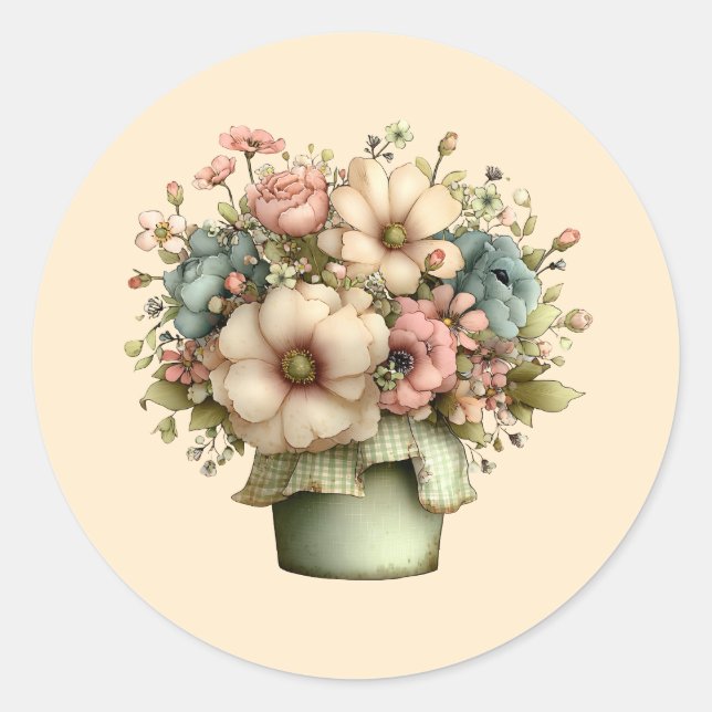 Whimsical Flowers in a Planter Pot Cute Classic Round Sticker (Front)