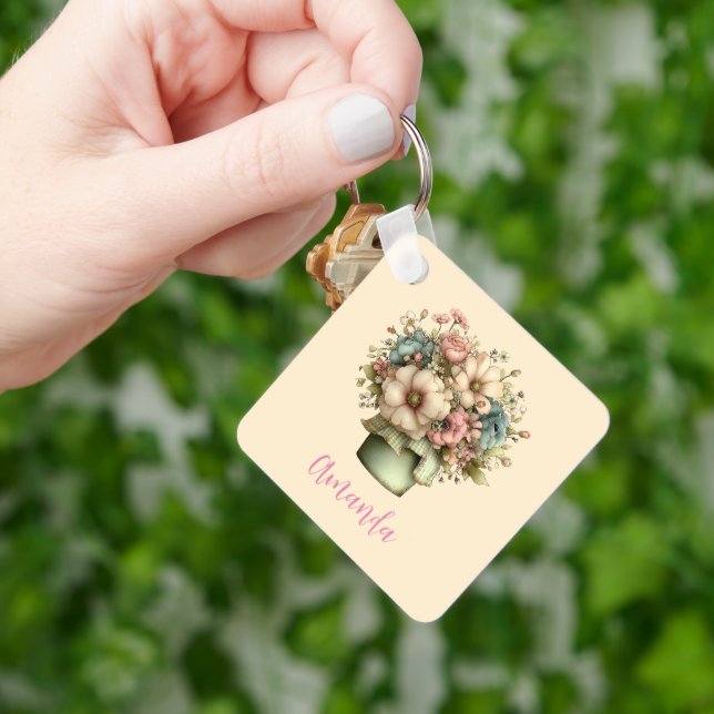 Whimsical Flowers in a Planter Pot Cute Key Ring (Hand)