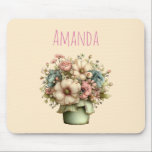 Whimsical Flowers in a Planter Pot Cute Mouse Pad<br><div class="desc">Mousepad with a cute image. Blue. pink and cream colored flowers with green leaves. Set inside a green flower pot with a green plaid cloth hanging over the side.</div>