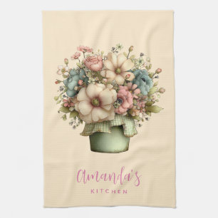 Whimsical Flowers in a Planter Pot Cute Tea Towel
