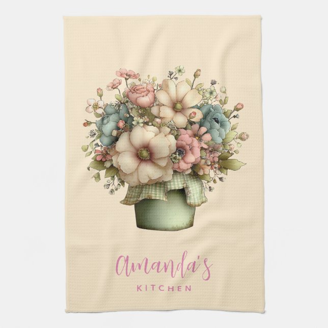 Whimsical Flowers in a Planter Pot Cute Tea Towel (Vertical)