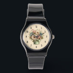 Whimsical Flowers in a Planter Pot Cute Watch<br><div class="desc">A watch with a cute image. Blue. pink and cream colored flowers with green leaves. Set inside a green flower pot with a green plaid cloth hanging over the side.</div>