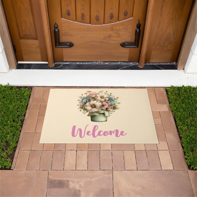Whimsical Flowers in a Planter Pot Cute Welcome Doormat (Outdoor)