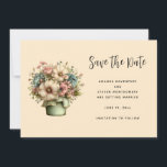 Whimsical Flowers in a Planter Pot Save The Date<br><div class="desc">Save the date card with a cute image. Blue. pink and cream colored flowers with green leaves. Set inside a green flower pot with a green plaid cloth hanging over the side.</div>