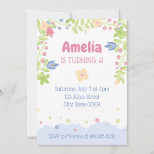 Whimsical Flowers Kids Party Invitation