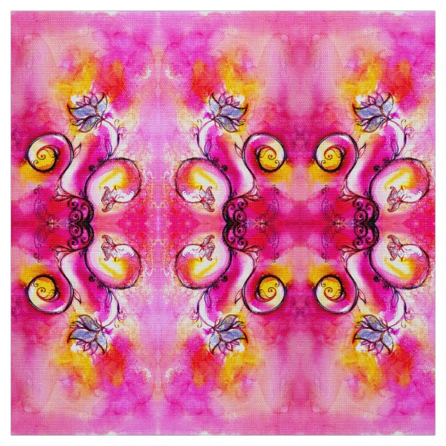 WHIMSICAL FLOWERS pink fuchsia yellow Fabric (Swatch)