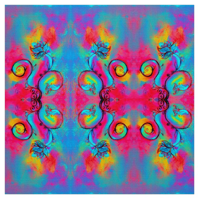 WHIMSICAL FLOWERS pink yellow blue Fabric (Swatch)