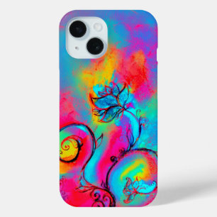 WHIMSICAL FLOWERS,Pink Yellow Blue Floral Swirls iPhone 15 Case