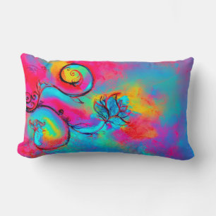 WHIMSICAL FLOWERS pink yellow blue Lumbar Cushion