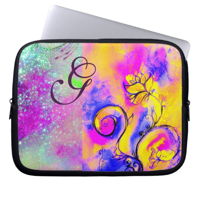 WHIMSICAL FLOWERS pink yellow fuchsia,blue Laptop Sleeve (Front)