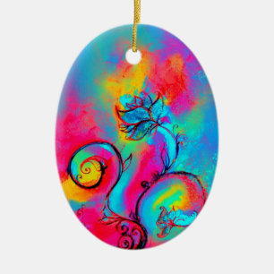WHIMSICAL FLOWERS pink yellow purple, teal blue Ceramic Ornament