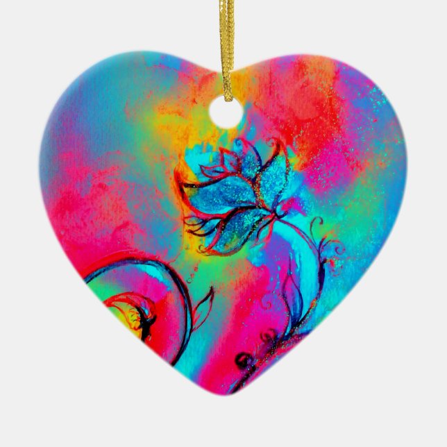 WHIMSICAL FLOWERS pink yellow purple, teal blue Ceramic Tree Decoration (Front)