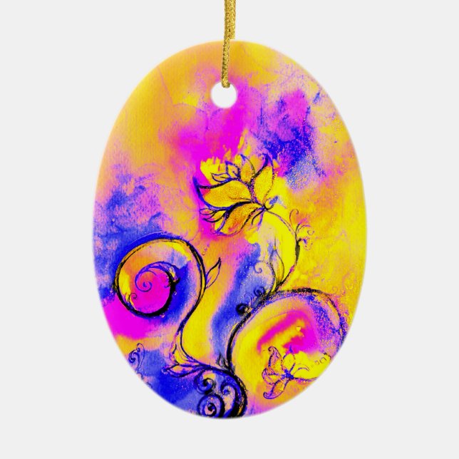 WHIMSICAL FLOWERS pink yellow purple violet Ceramic Ornament (Front)