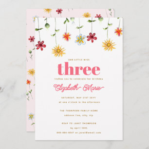 Whimsical Flowers Pink Yellow Red Girl Birthday Invitation