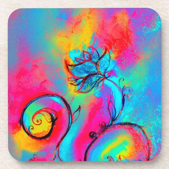 WHIMSICAL FLOWERS  pink yellow teal blue Coaster (Front)