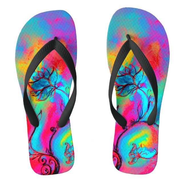WHIMSICAL FLOWERS  teal blue pink yellow Thongs (Footbed)
