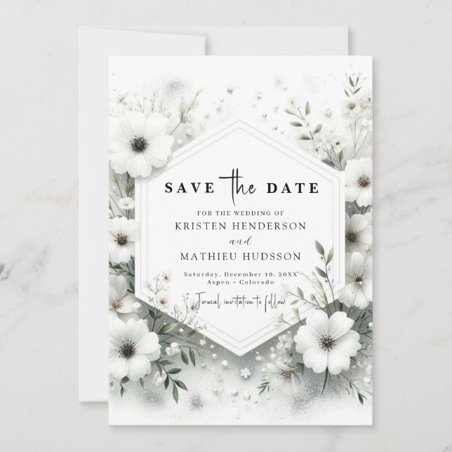Whimsical Flowers White Floral Wedding Save The Date (Front)