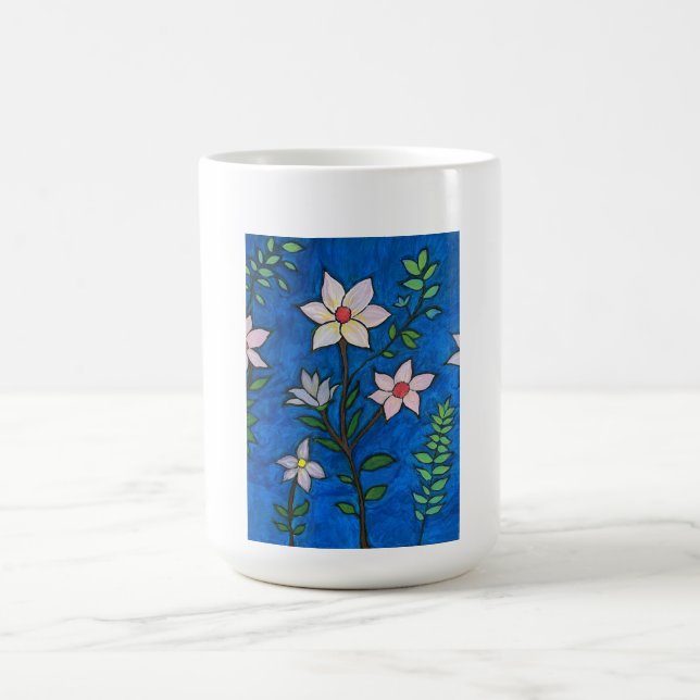 Whimsical Flowers with Blue Background  Coffee Mug (Center)