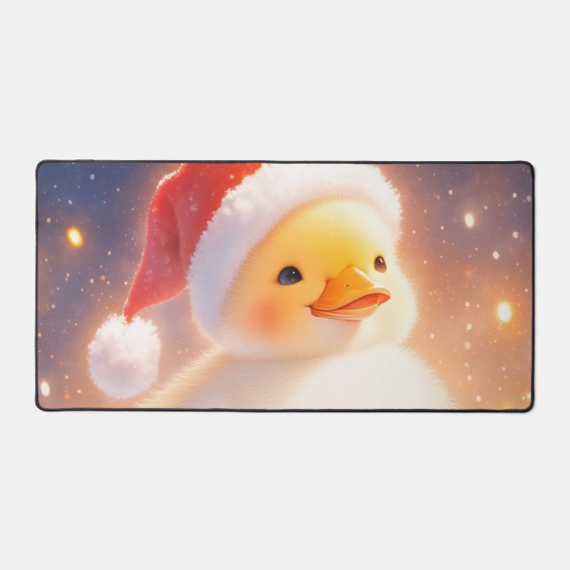 Whimsical Fluffy Duckling Santa Hat Holiday Snow Desk Mat (Front)