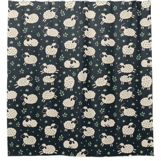 Whimsical Fluffy Sheep Pattern Shower Curtain (Front)